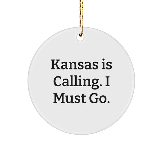 Kansas Gifts, Funny Circle Ornaments with 'Kansas Is Calling. I Must Go.' Quote, Unique Christmas Decor for Family and Friends from Kansas - Image 1