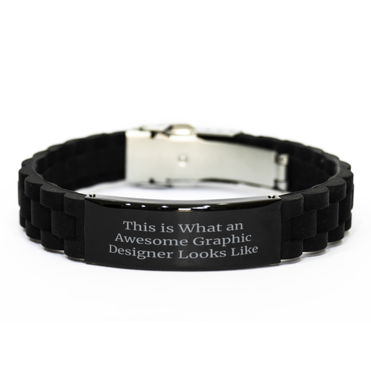Funny Graphic Designer Gifts – “This Is What An Awesome Graphic Designer Looks Like” – Black Silicone Bracelet with Glide Lock Clasp – front view