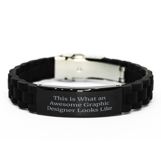 Funny Graphic Designer Gifts – “This Is What An Awesome Graphic Designer Looks Like” – Black Silicone Bracelet with Glide Lock Clasp – front view