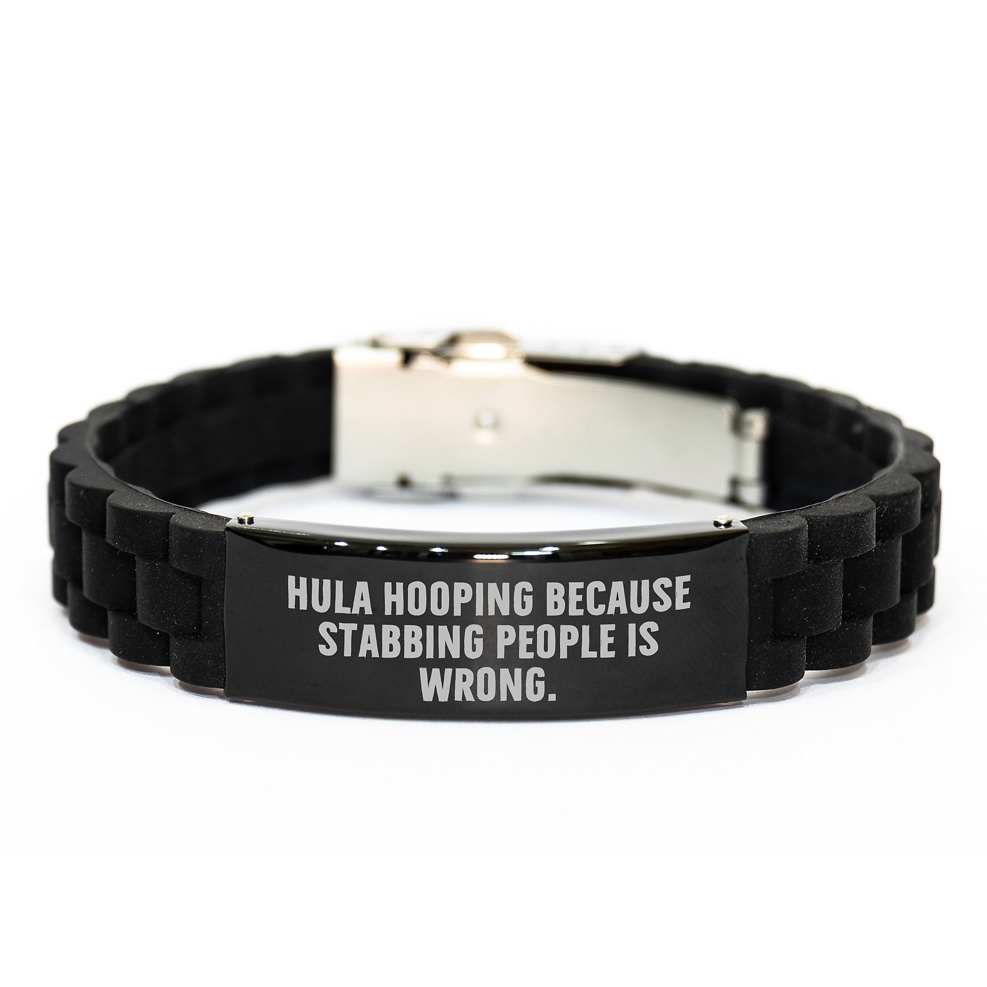 Hula Hooping Funny Quotes Gifts for Men Women Friends from Family - Black Glide lock Clasp Bracelet with Silver Black Stainless Steel and Silicone - Image 1