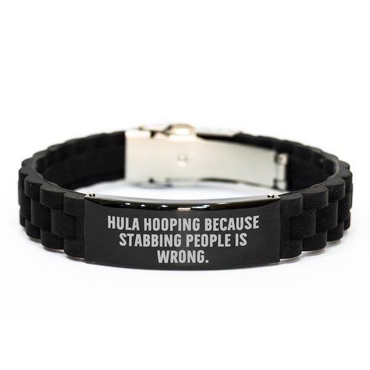 Hula Hooping Funny Quotes Gifts for Men Women Friends from Family - Black Glide lock Clasp Bracelet with Silver Black Stainless Steel and Silicone - Image 1