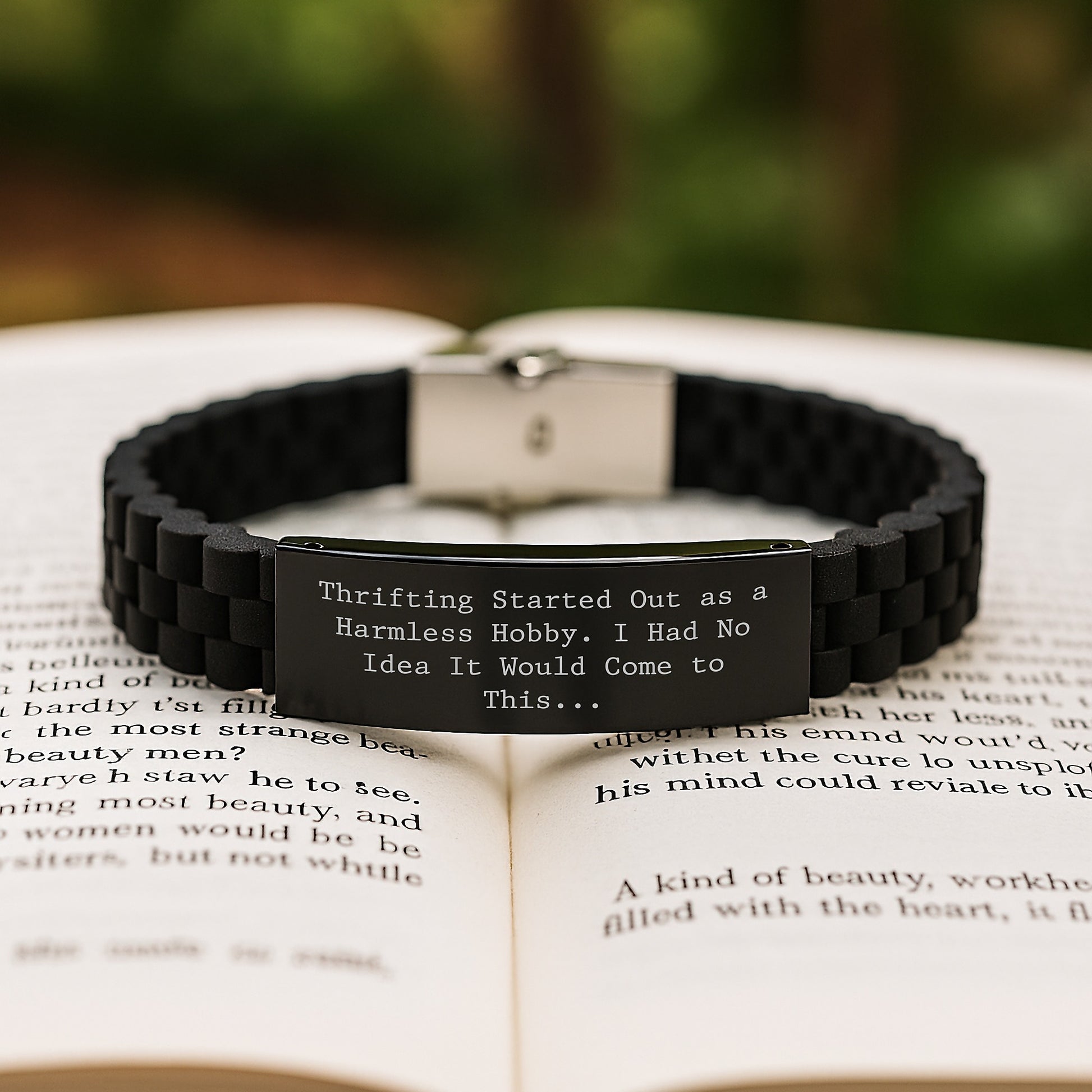 Thrifting Gifts from Men to Women, Funny Quote Glide lock Clasp Bracelet, Black Stainless Steel Christmas Unique Gifts - Image 2