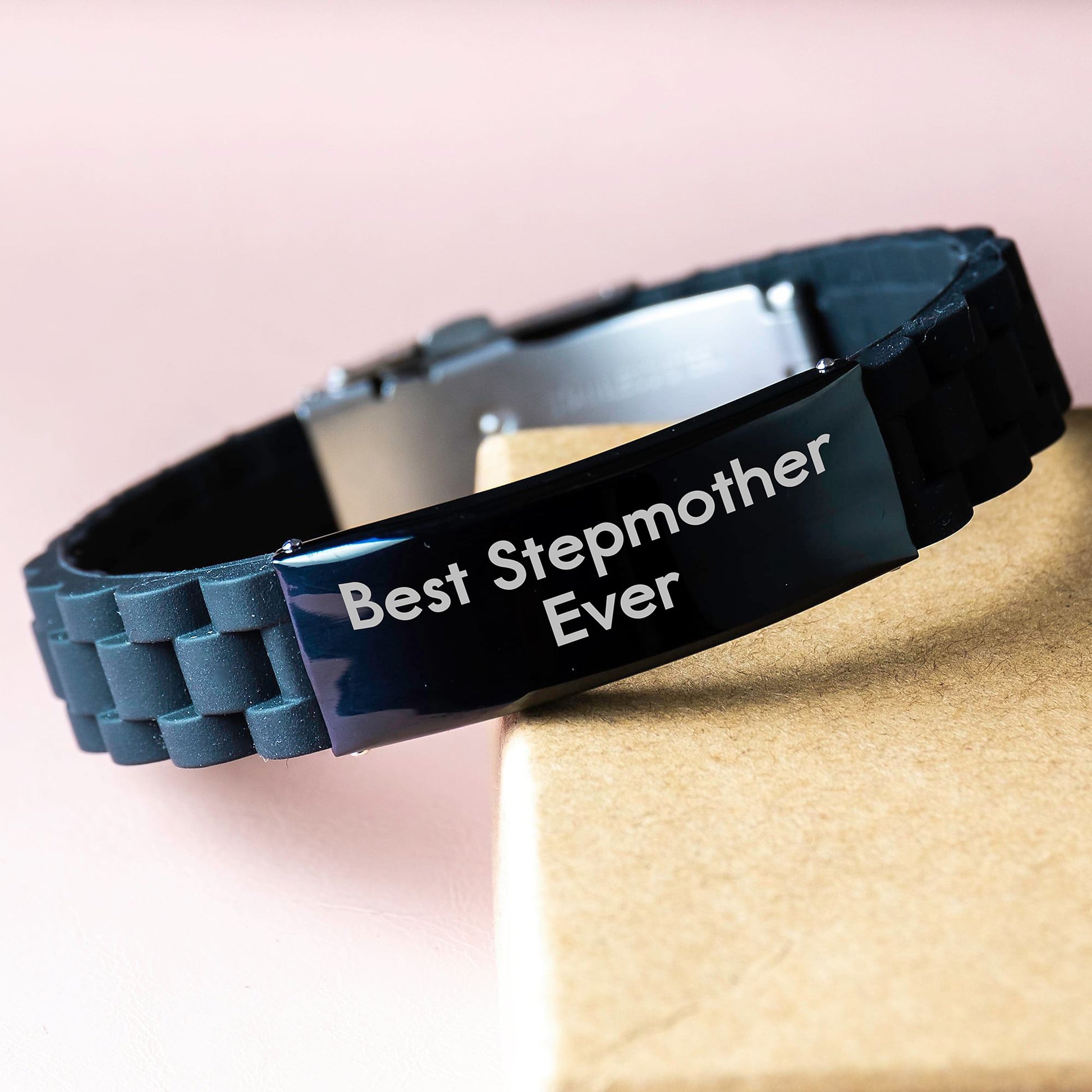 Funny Stepmother Gift Ideas - Best Stepmother Ever Glide lock Clasp Bracelet for Graduation, Gifts from Women to Stepmother, Adjustable Black Stainless Steel Silicone Jewelry - Image 3