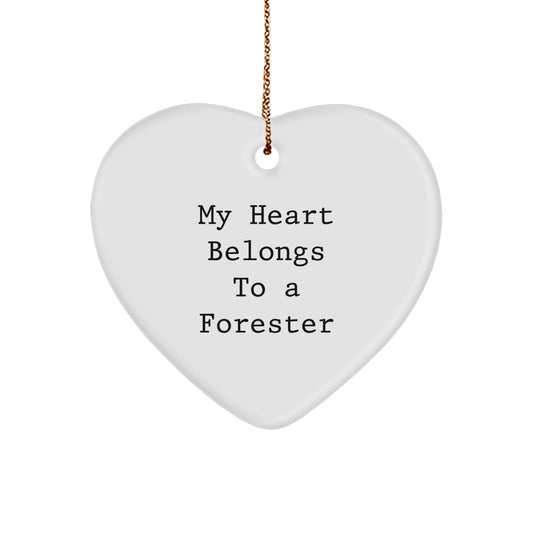 Forester Gifts from Friends for Christmas - My Heart Belongs To A Forester Heart Ornament, Funny Quote, Heart Shaped, White, 2.75" tall, 0.5 oz, Durable MDF and High-Gloss Finish - Image 1