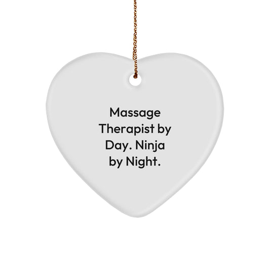Massage Therapist Gifts from Friends - Funny Quote Heart Ornament for Christmas, 'Massage Therapist By Day. Ninja By Night.' - Image 1