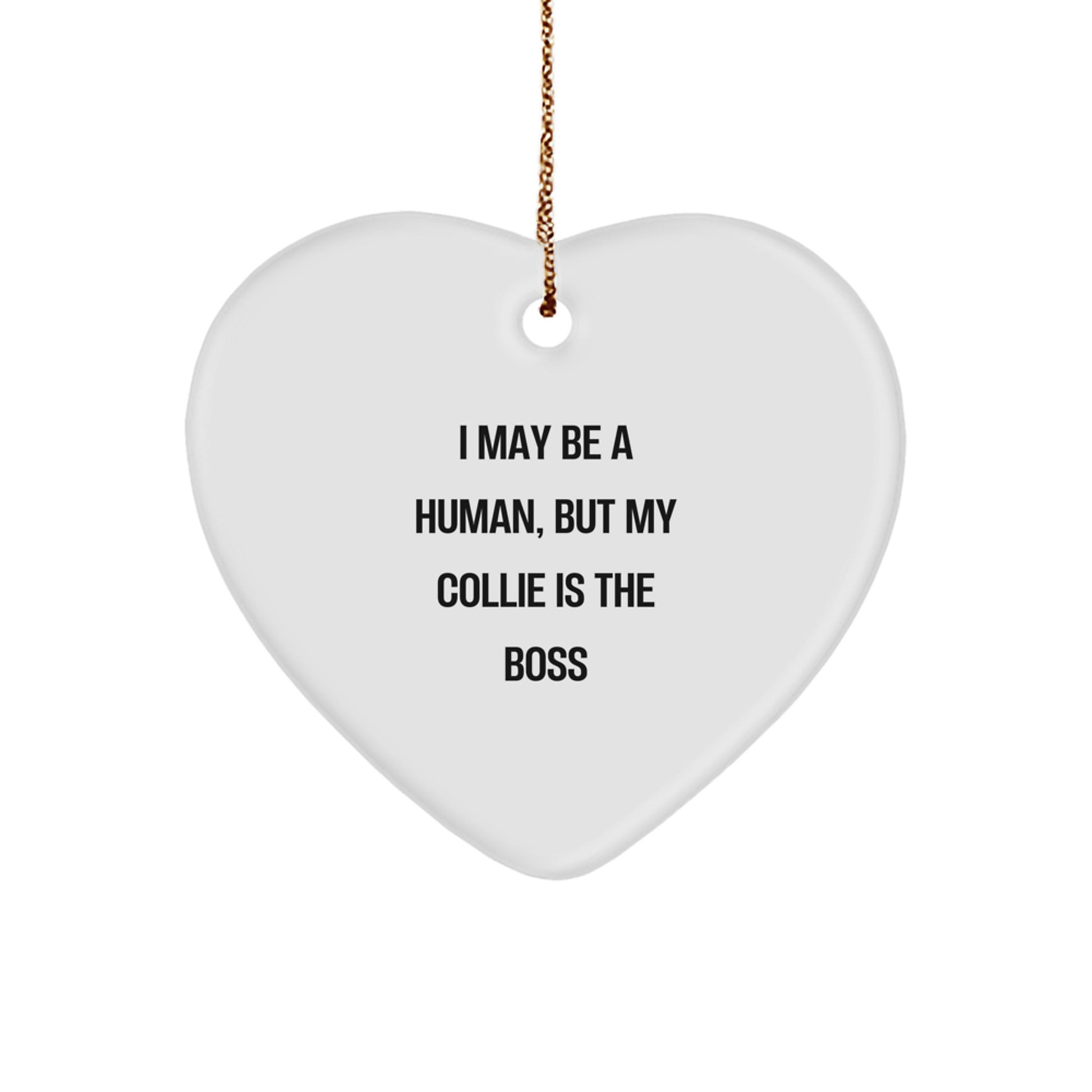 Funny Collie Dog Gifts from Men to Friends - Heart Ornament with I May Be A Human, But My Collie Is The Boss Quote, White Heart Shaped, Perfect for Christmas - Image 1