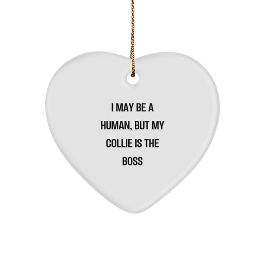 Funny Collie Dog Gifts from Men to Friends - Heart Ornament with I May Be A Human, But My Collie Is The Boss Quote, White Heart Shaped, Perfect for Christmas - Image 1