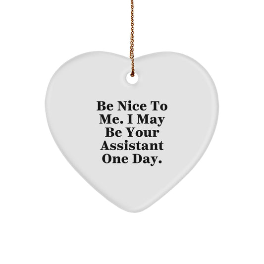 Funny Assistant Gifts from Men to Friends for Christmas Unique Heart Ornament, Be Nice To Me I May Be Your Assistant One Day. - Image 1