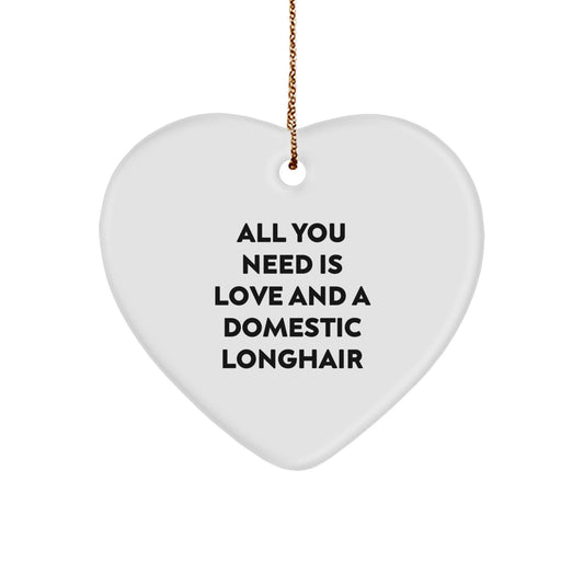 Domestic Longhair Cat Lover Gifts from Men to Friends, Heart Ornament with 'All You Need Is Love' Quote for Christmas - Image 1