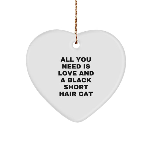 Black Short Hair Cat Lover Gifts - Cute Heart Ornament from Friends, Christmas Unique Presents for Family with Funny Quote, All You Need Is Love - Image 1