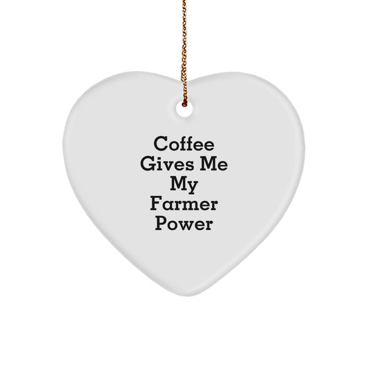 Funny Farmer Gifts - Coffee Gives Me My Power Heart Ornament for Christmas, Gifts from Friends to Farmer, 2.75'' Tall, White, Heart Shaped, MDF with High-Gloss Finish - Image 1