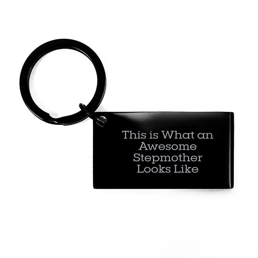 Funny Stepmother Keychain Gifts from Family, Awesome Quotes for Birthday Celebrations, Stainless Steel, Black, Engraved - Image 1