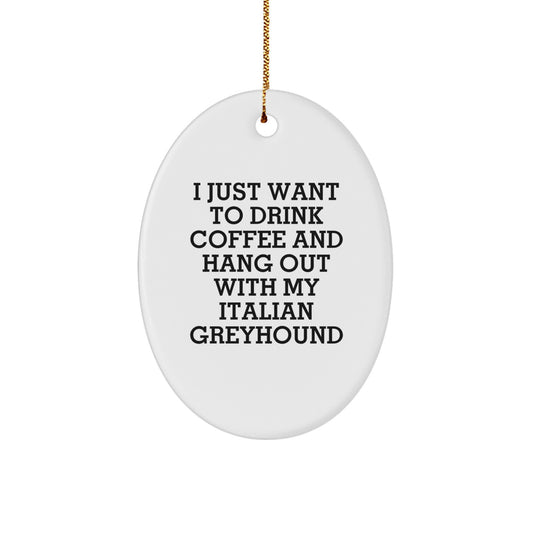 Italian Greyhound Dog Lover Gifts from Family - Oval Ornament with Funny Quote 'I Just Want To Drink Coffee And Hang Out With My Italian Greyhound' for Christmas - Image 1