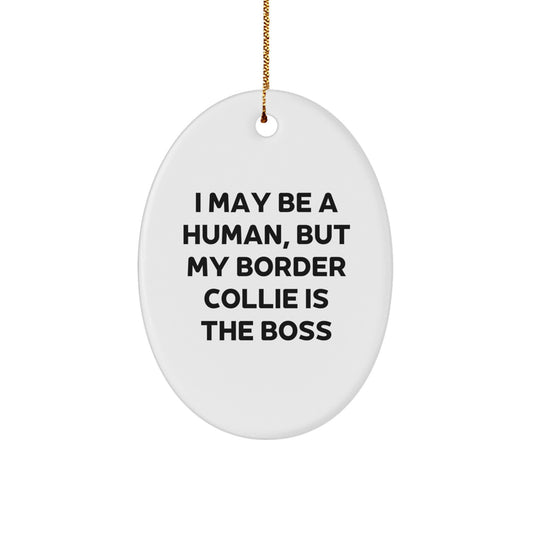 Funny Border Collie Dog Gifts for Her - I May Be A Human, But My Border Collie Is The Boss Oval Ornament, Unique Christmas Memorable Presents - Image 1