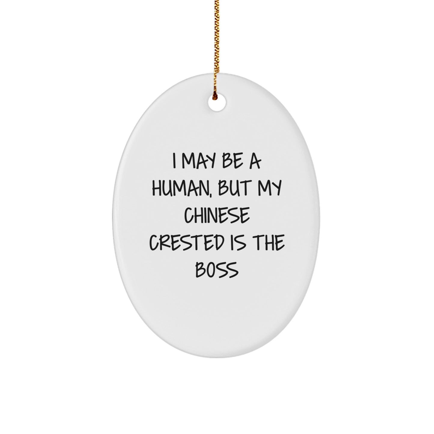 Funny Chinese Crested Dog Oval Ornament Gifts for Friends, Coworkers, and Family from Men, Women, and Children - I May Be A Human, But My Chinese Crested Is The Boss - Image 1