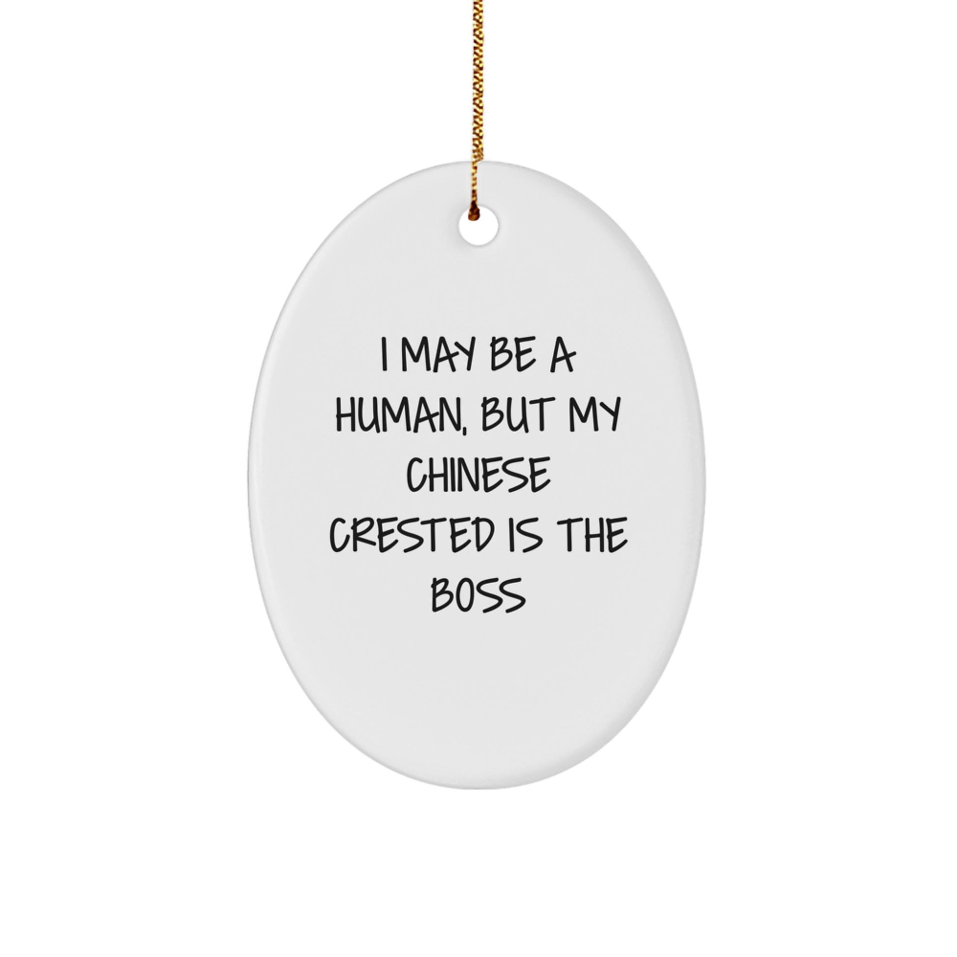 Funny Chinese Crested Dog Oval Ornament Gifts for Friends, Coworkers, and Family from Men, Women, and Children - I May Be A Human, But My Chinese Crested Is The Boss - Image 1