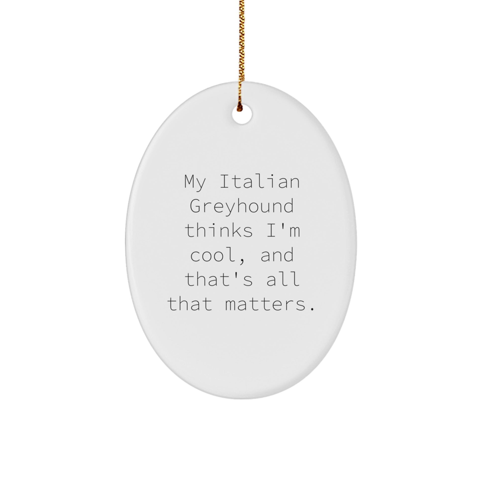 Italian Greyhound Dog Gifts from Friends, Italian Greyhound Dog Oval Ornament with Funny Quote 'My Italian Greyhound Thinks I'm Cool, And That's All That Matters.' - Image 1