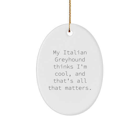 Italian Greyhound Dog Gifts from Friends, Italian Greyhound Dog Oval Ornament with Funny Quote 'My Italian Greyhound Thinks I'm Cool, And That's All That Matters.' - Image 1