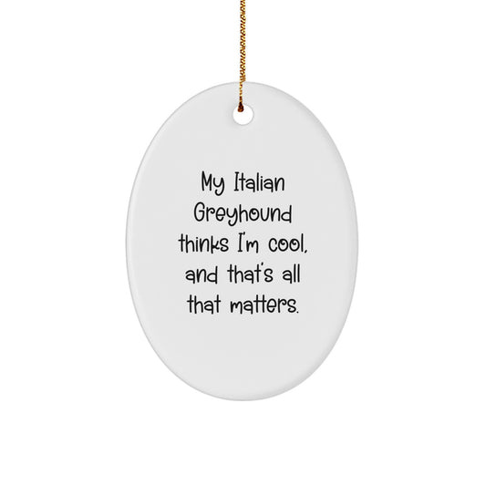 Italian Greyhound Dog Lover's Funny Oval Ornament, Gifts from Friends and Family for Christmas, My Italian Greyhound Thinks I'm Cool - Image 1
