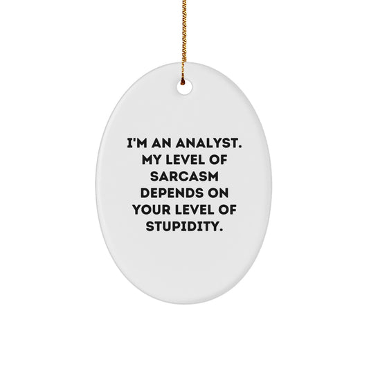Funny Analyst Gifts for Christmas Oval Ornament with 'I'm An Analyst. My Level Of Sarcasm Depends On Your Level Of Stupidity.' Quote, Gifts from Friends, Coworkers, or Family - Image 1