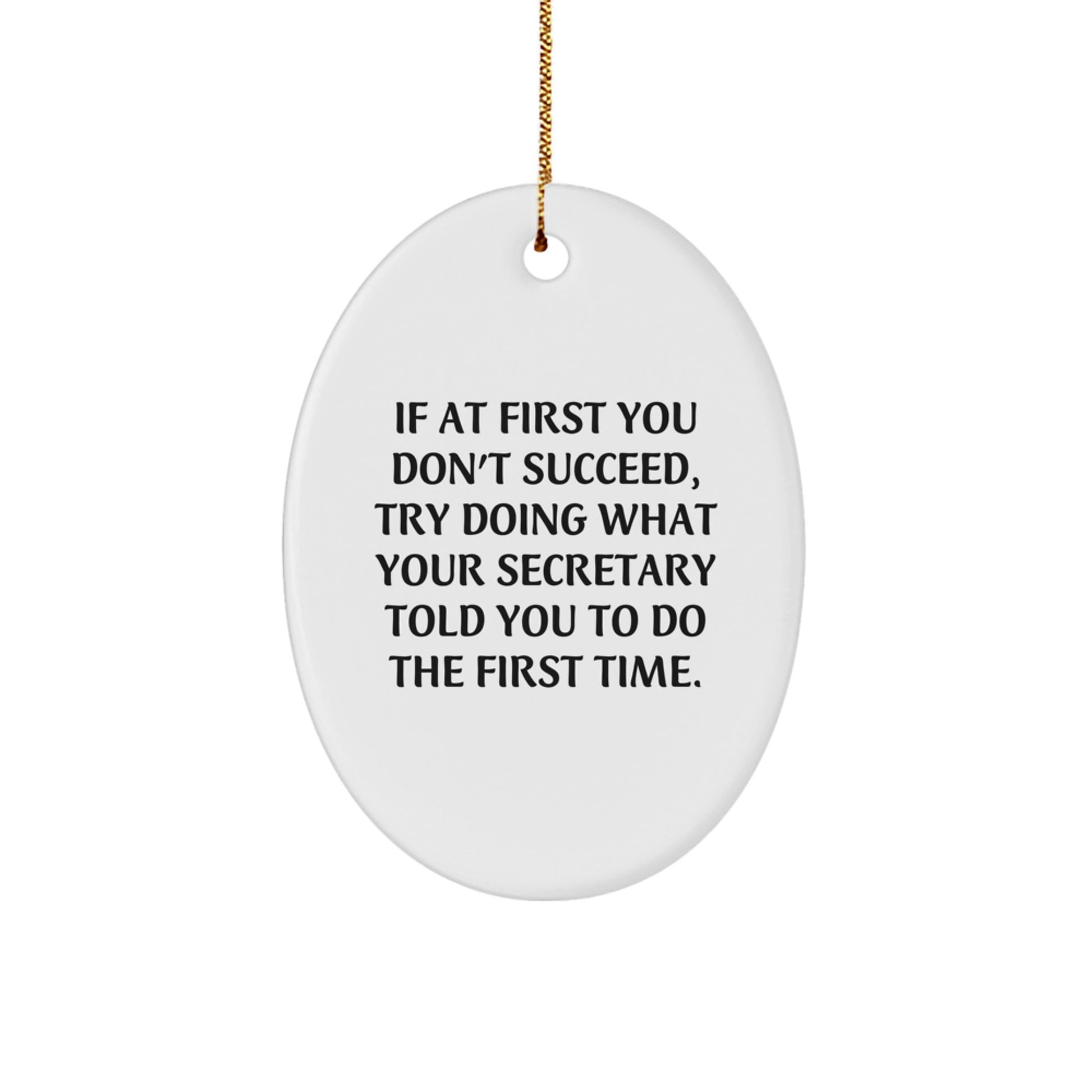 Funny Secretary Gifts from Friends - Oval Ornament, If At First You Don't Succeed, Try Doing What Your Secretary Told You To Do The First Time. Christmas Unique Gifts for Secretary - Image 1