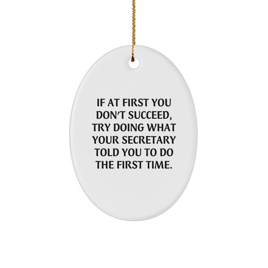 Funny Secretary Gifts from Friends - Oval Ornament, If At First You Don't Succeed, Try Doing What Your Secretary Told You To Do The First Time. Christmas Unique Gifts for Secretary - Image 1
