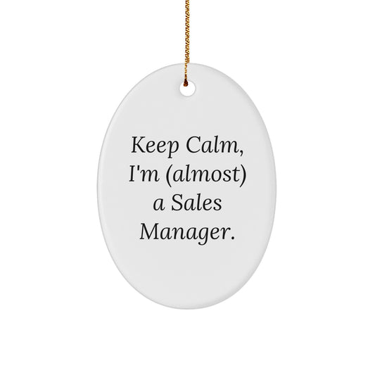 Funny Sales Manager Gifts for Men, Oval Ornament 'Keep Calm, I'm (almost) A Sales Manager' for Coworkers, Christmas Unique Gifts from Friends - Image 1