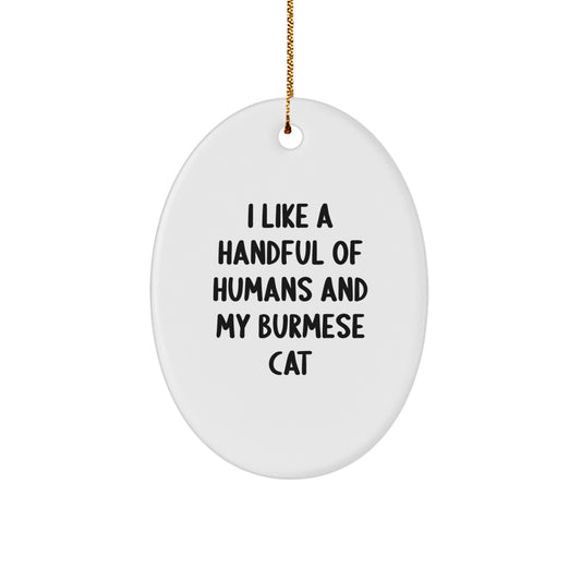 Funny Burmese Cat Lover Gifts from Friends for Christmas - Oval Ornament with 'I Like A Handful Of Humans And My Burmese Cat' Quote, Unique Christmas Unique Gifts - Image 1