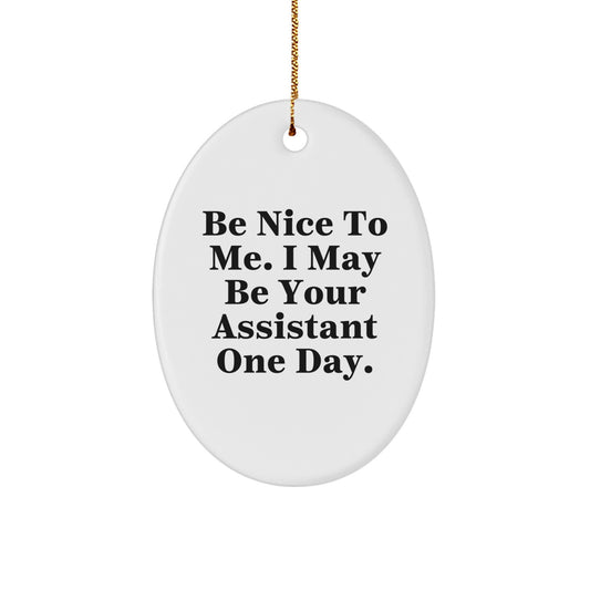 Funny Assistant Oval Ornament Gifts for Coworkers, Friends from Men, Women, Family - Be Nice To Me. I May Be Your Assistant One Day. - Image 1