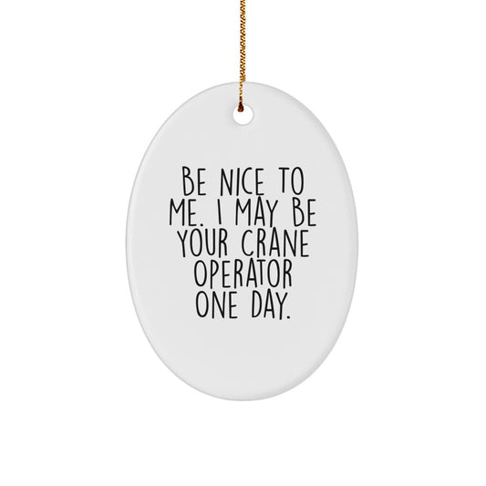 Funny Crane Operator Gifts, Be Nice To Me. I May Be Your Crane Operator One Day. Oval Ornament for Men, Women, Friends, Coworkers, Family, Christmas Unique Gifts - Image 1