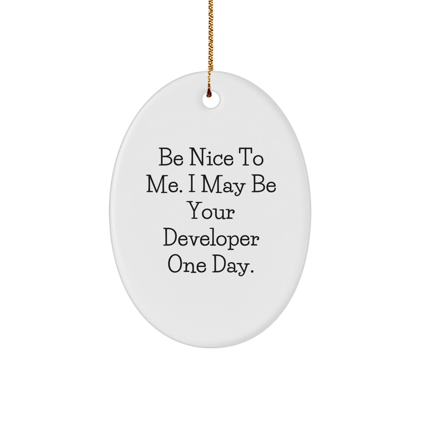 Funny Developer Gifts for Christmas - Be Nice To Me. I May Be Your Developer One Day. Oval Ornament Gifts from Friends to Family - Image 1