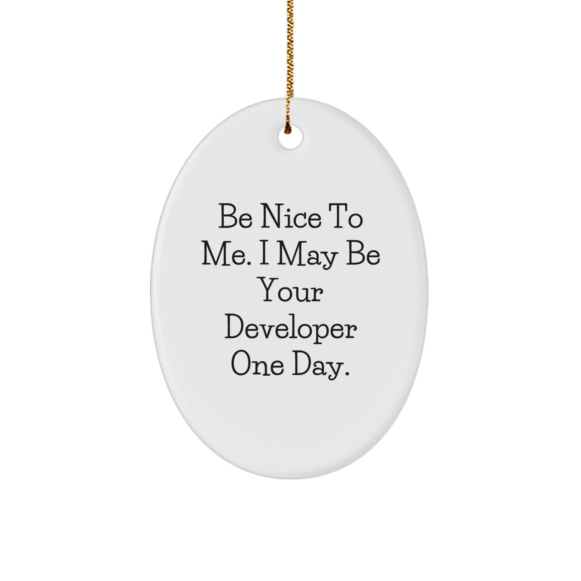Funny Developer Gifts for Christmas - Be Nice To Me. I May Be Your Developer One Day. Oval Ornament Gifts from Friends to Family - Image 1