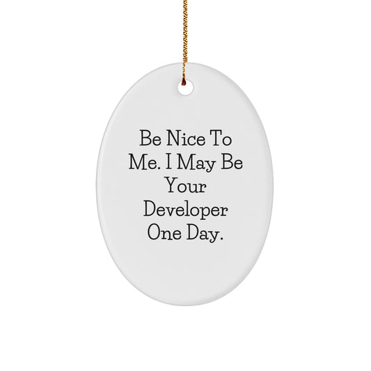 Funny Developer Gifts for Christmas - Be Nice To Me. I May Be Your Developer One Day. Oval Ornament Gifts from Friends to Family - Image 1