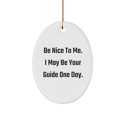Gifts from Friends, Family, or Coworkers - Be Nice To Me. I May Be Your Guide One Day. Oval Ornament, White, 3.25'' Tall, Christmas Decoration - Image 1