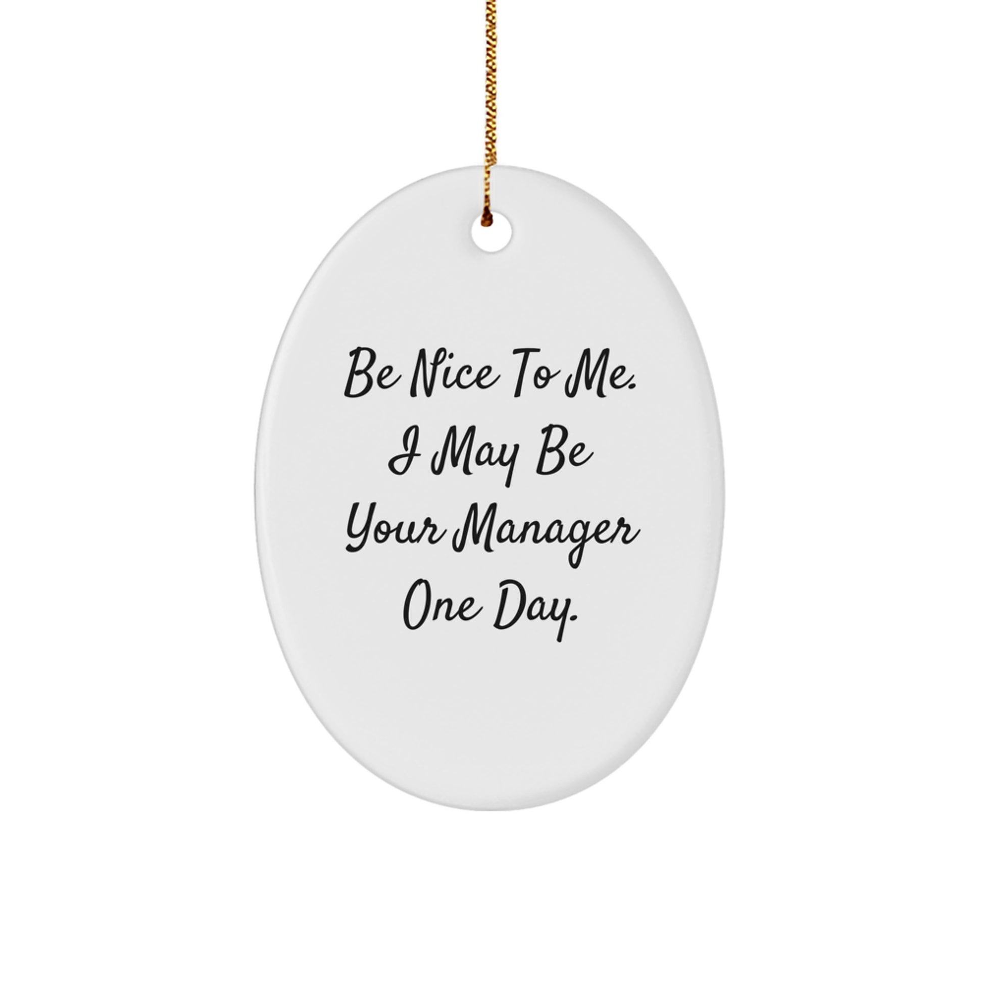 Funny Manager Gifts from Friends - 'Be Nice To Me. I May Be Your Manager One Day.' Oval Ornament for Christmas - Image 1