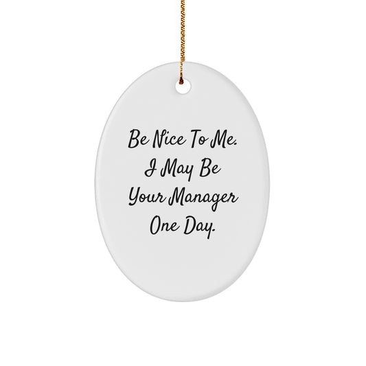 Funny Manager Gifts from Friends - 'Be Nice To Me. I May Be Your Manager One Day.' Oval Ornament for Christmas - Image 1