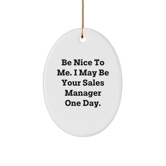Funny Sales Manager Gifts from Men to Friends - Be Nice To Me Oval Ornament, Christmas Unique Presents for Coworkers and Family - Image 1