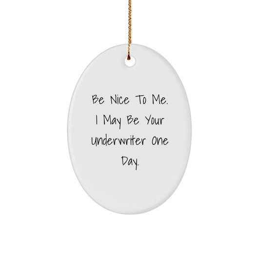 Funny Underwriter Gifts for Men, Women, and Friends - Oval Ornament 'Be Nice To Me. I May Be Your Underwriter One Day.' Christmas Unique Presents - Image 1