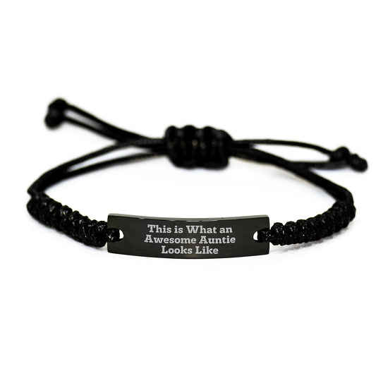 Auntie Gifts from Family - Funny Quote Rope Bracelet for Birthday, Adjustable Black Stainless Steel with Interlaced Rope - Image 1