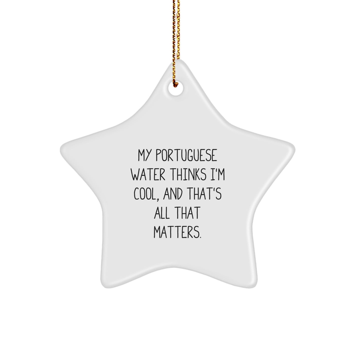 Portuguese Water Dog Lover Gifts from Friends for Christmas - Funny Star Ornament, 'My Portuguese Water Thinks I'm Cool, And That's All That Matters.' - Image 1