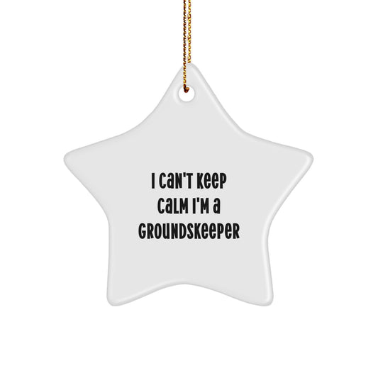 groundskeeper Gifts from Friends for Christmas Unique Star Ornament, 'I Can't Keep Calm I'm A groundskeeper' Funny Quote, White Color, Star Shaped, 3.25' Tall, 1/8' Thick, MDF Wood, High-Gloss Finish - Image 1