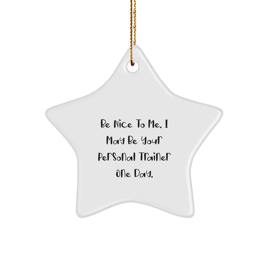 Funny Personal Trainer Star Ornament Gifts from Friends, Coworkers, Family for Christmas Unique Decorations - 'Be Nice To Me. I May Be Your Personal Trainer One Day.' - Image 1