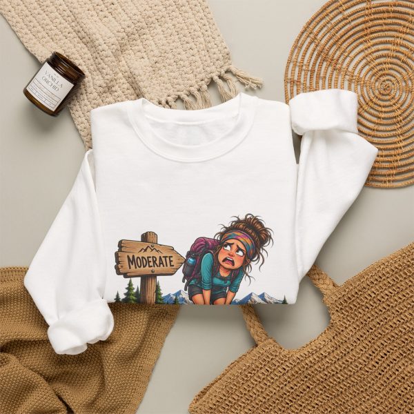 White hiking sweatshirt folded flat, design on the front