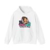 White customer service hoodie printed with I Put You on Hold to Make the Face and a customer service rep with a messy curly bun