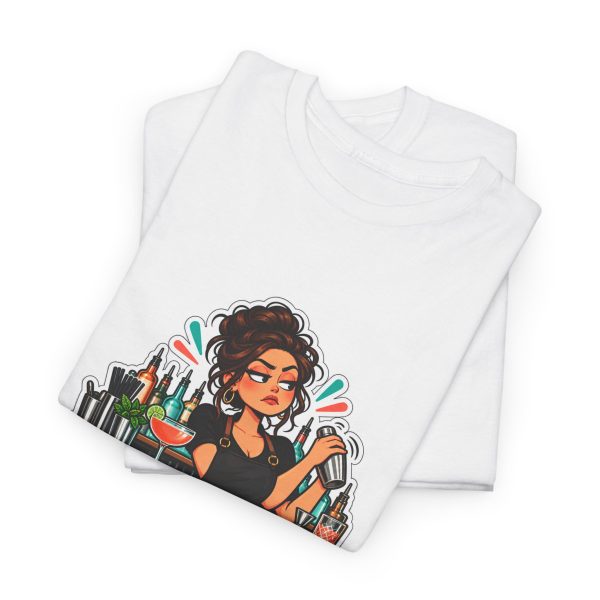 Close-up of the "Yes, I saw you. No, you're not next." bartender design on the t-shirt