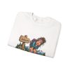 White hiking sweatshirt folded flat, design on the front