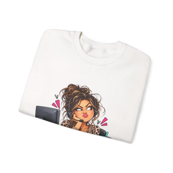 Close-up of the "I Put You on Hold to Make the Face." design on the sweatshirt