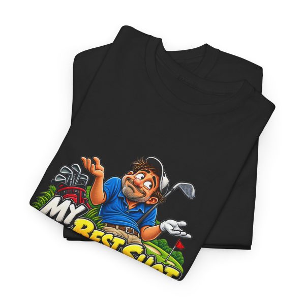 Folded black T-shirt showing "My Best Shot Is an Excuse" golf graphic