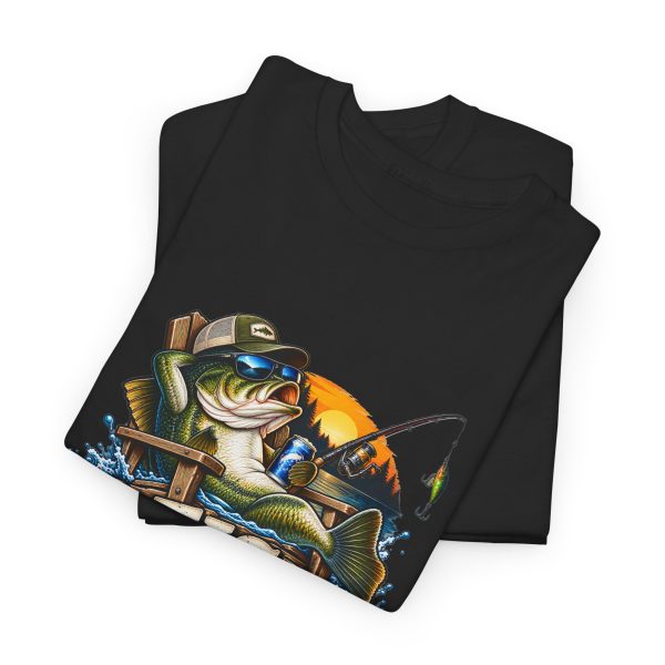 Folded black T-shirt showing "I Fish. Therefore I Lie." fishing graphic