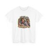 Front of the white unisex t-shirt printed with a blissful reader curled up with an open book and a sleeping cat between tall stacks of old books and the words "I Sat Down For One Chapter. That Was Tuesday."
